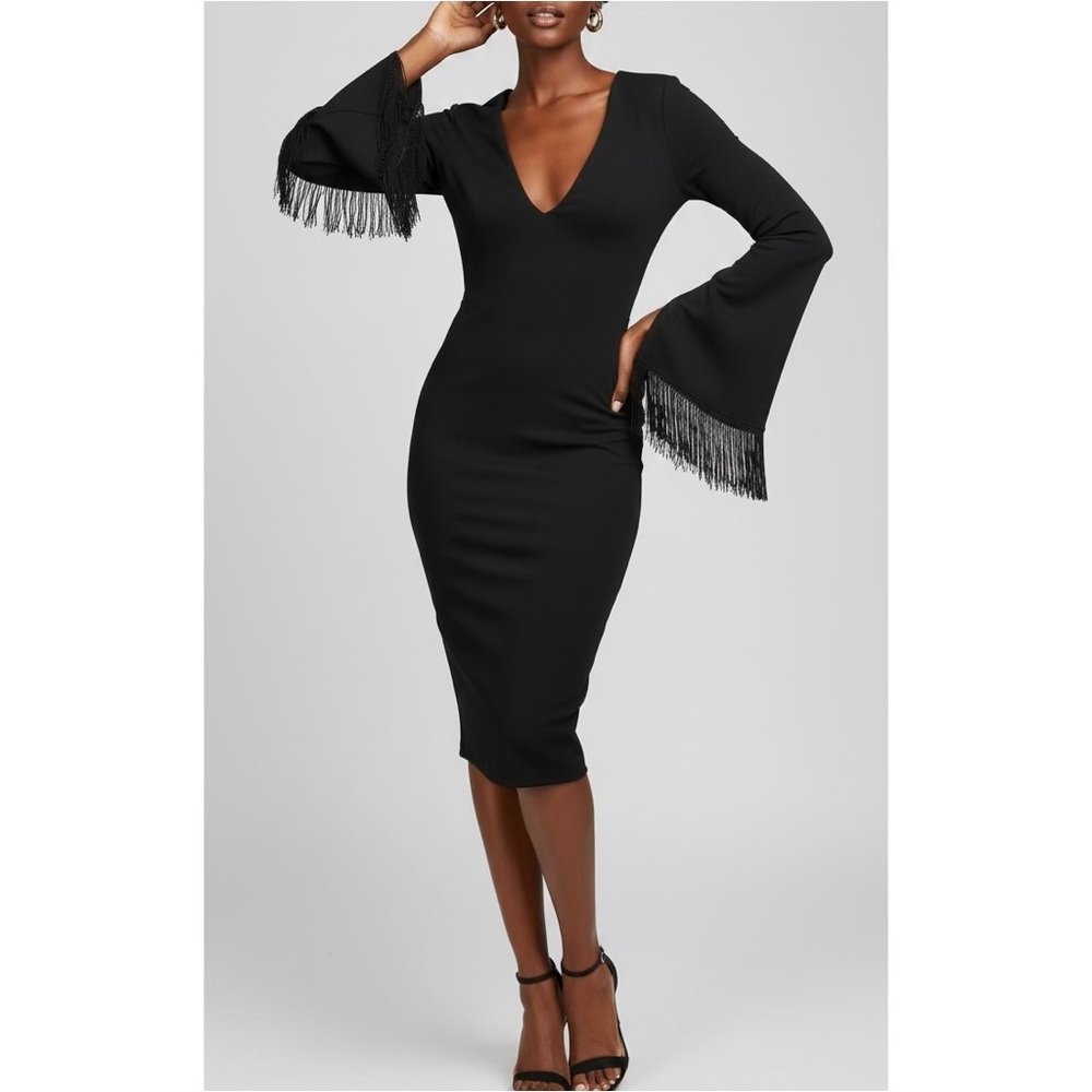 NOOKIE Iris Long Sleeve Black Midi Dress Size XS NWT Fringe Bell Sleeve